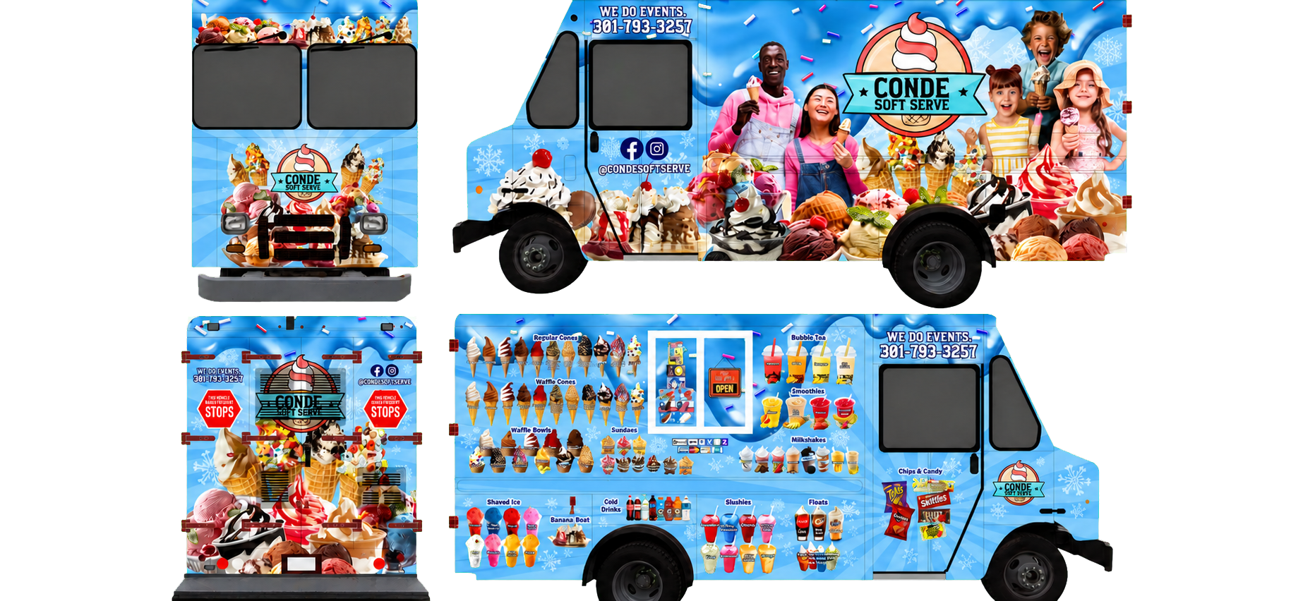 Four exterior views of the blue Conde Soft Serve truck, including both sides, the front and the rear